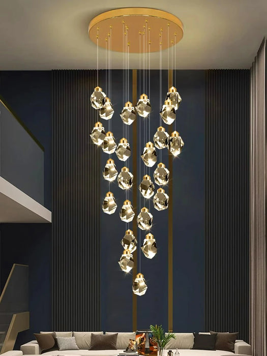 Luxury Crystal Dropping Stones Chandelier with cascading crystals in a modern living room setting.