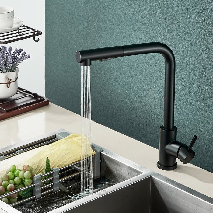 Noir Pull-Out Kitchen Sink Faucet with sleek black design and sprayer, elegantly flowing water into stainless steel sink.