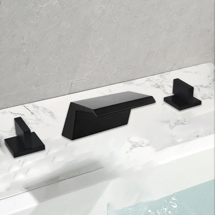 Matte black dual-handle bathtub basin mixer tap set on marble surface.