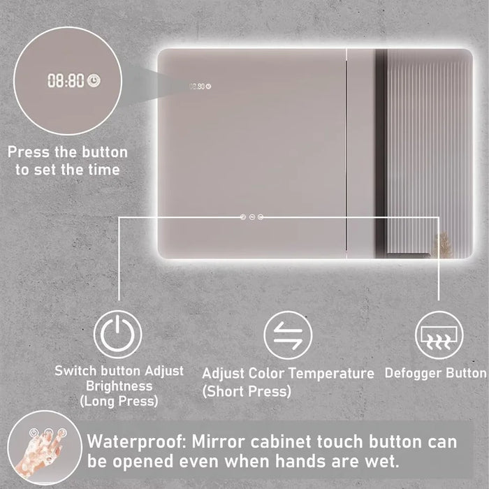 LED bathroom cabinet with adjustable brightness, color temperature, and defogger button. Waterproof touch controls for convenience.