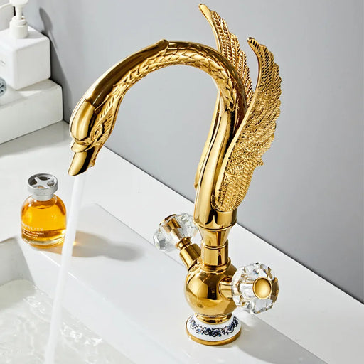 Gold Swan Basin Faucet in solid brass with elegant design, deck-mounted, single handle for hot and cold water control in bathroom.