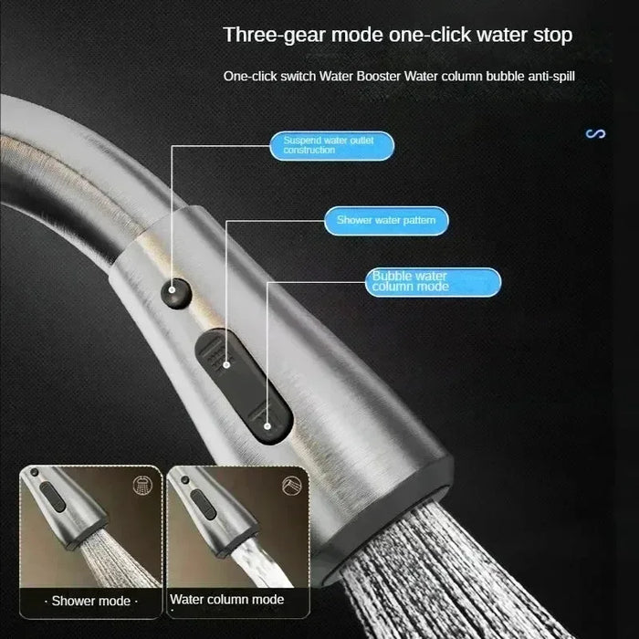 Stainless steel pull-out faucet with three-gear modes and water-saving features, highlighting shower and bubble water column modes.