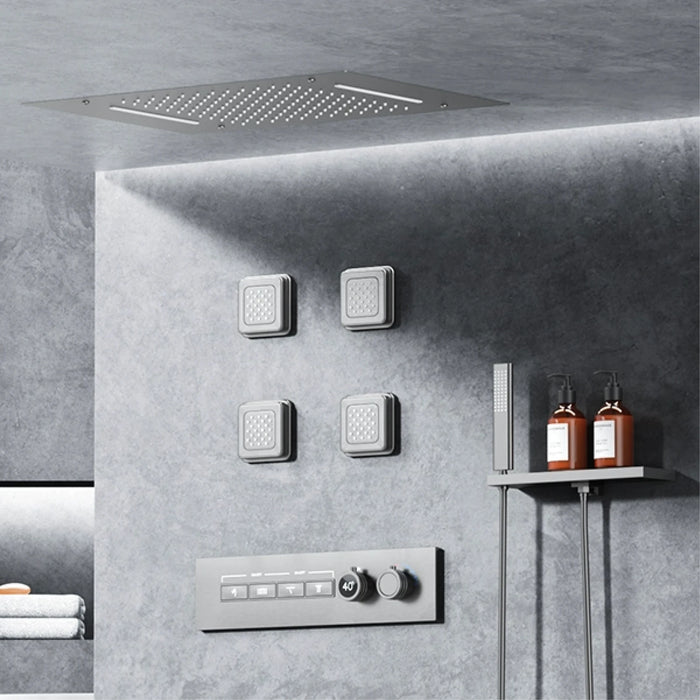 Luxury thermostatic shower system with LED digital display and hydrotherapy massage features in modern bathroom setting.