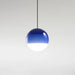 Modern gradient glass chandelier with blue and white hues hanging from a black cord against a neutral background.