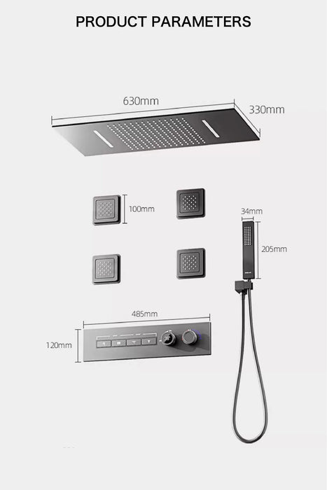 Luxury thermostatic shower system with LED lights, hydrotherapy massage, dual handle, and measurements for installation.