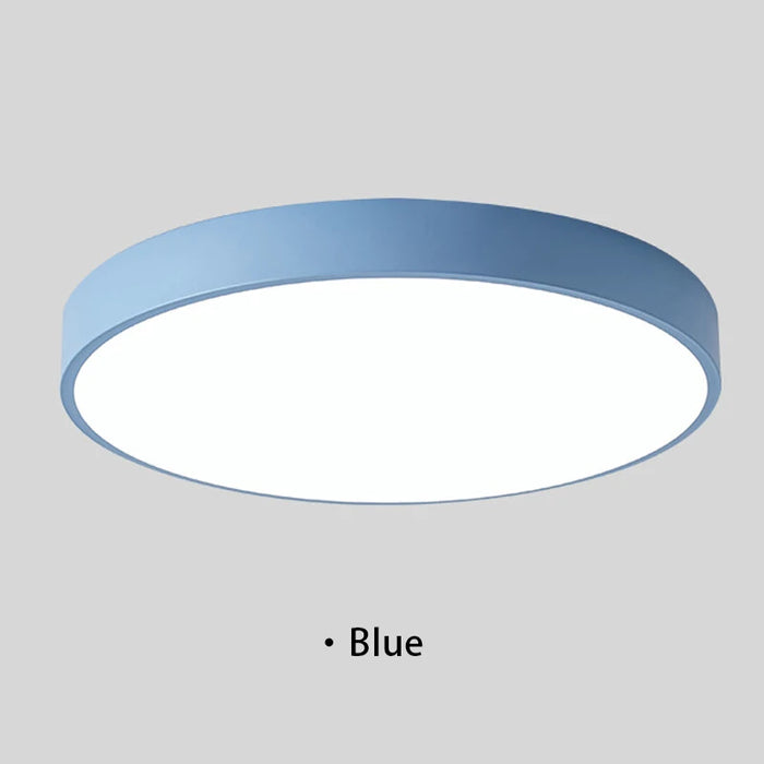 Blue round wooden LED ceiling light with modern frosted finish.