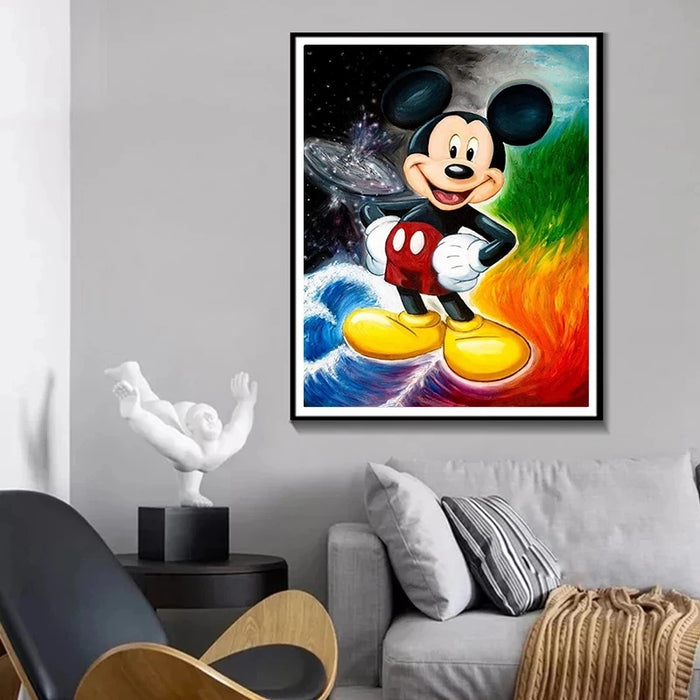 Mickey Mouse graffiti art canvas in modern living room setting with colorful abstract background.