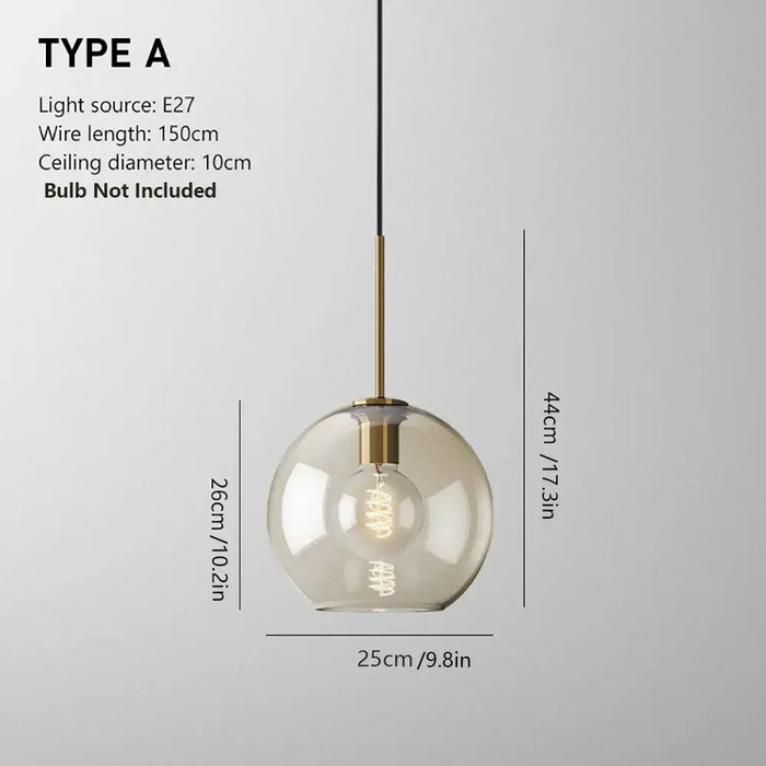 Industrial glass pendant lamp with translucent shade, Type A, dimensions detailed, ideal for modern interiors, bulb not included.