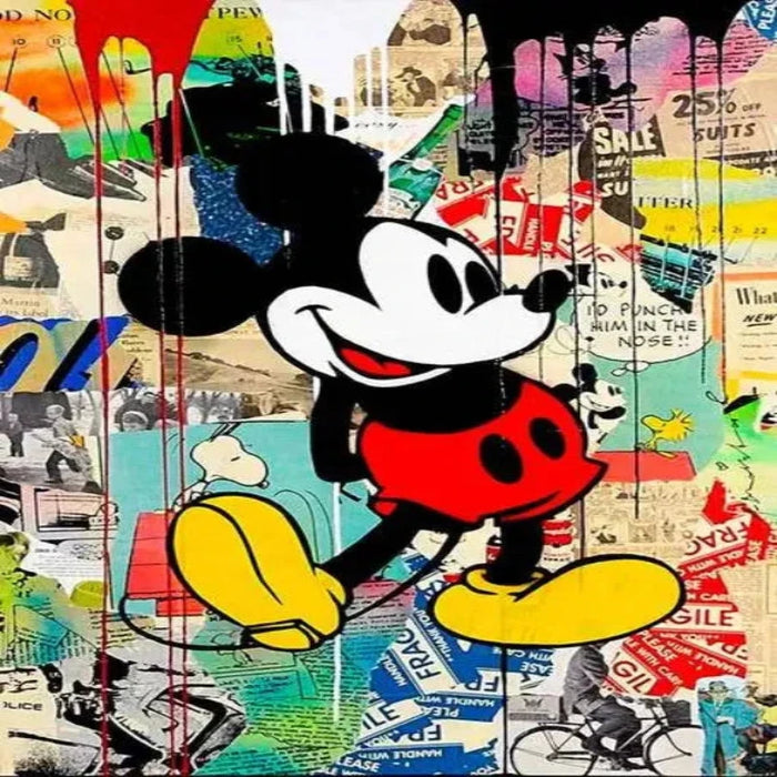 "Vibrant graffiti art featuring iconic Disney character in bold colors, blending contemporary style with nostalgic elements on canvas"