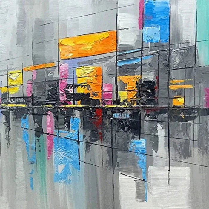 Vibrant cityscape oil painting with bold strokes and colorful hues reflecting urban life in a modern art style.