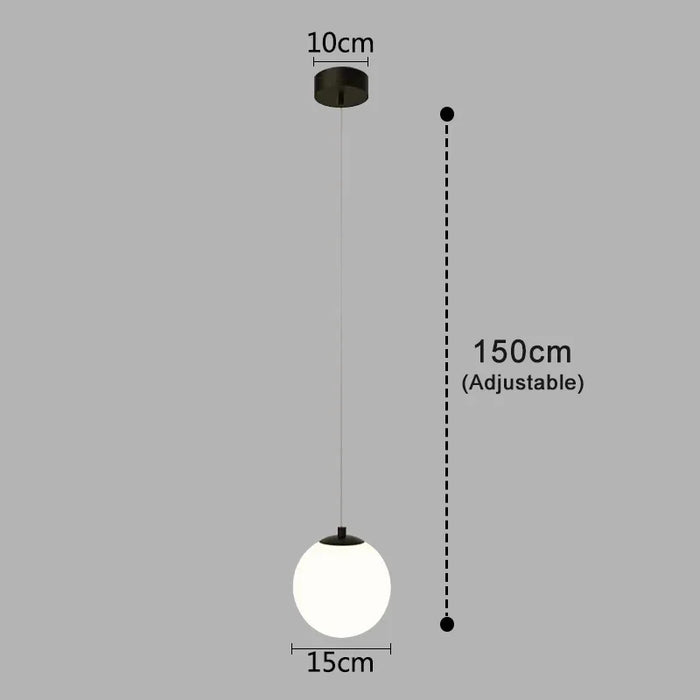 Modern round glass pendant light with adjustable height, 15cm diameter, featuring a stylish design for bedrooms and dining rooms.