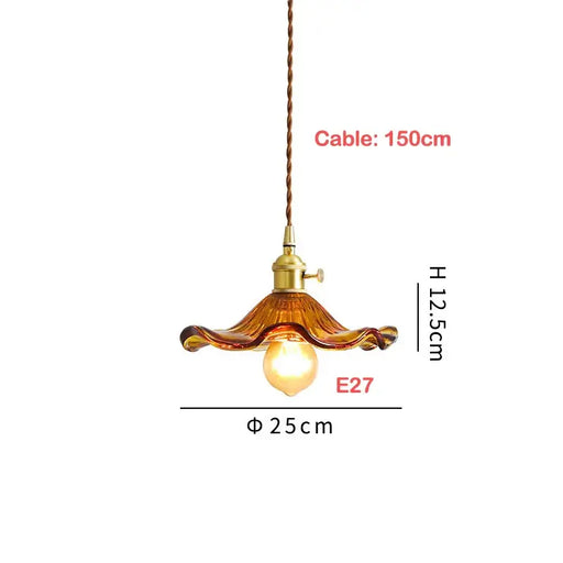 Vintage Glass Wave Pendant Light with wavy amber glass shade and 150cm cable for kitchens and dining rooms