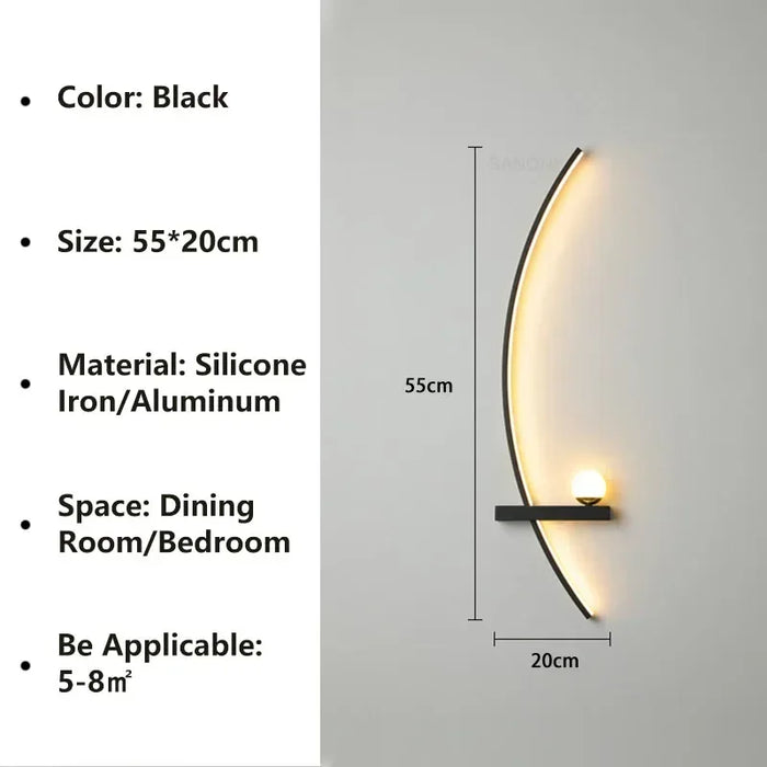 Elegant black wall light with LED, 55x20cm, for dining room or bedroom, made of silicone iron/aluminum, suitable for 5-8m² area.