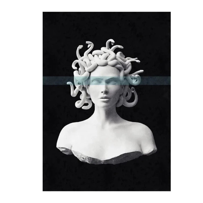 Emerald Medusa canvas art print, Greek mythology decor with bold design and intricate details, vertical rectangle.