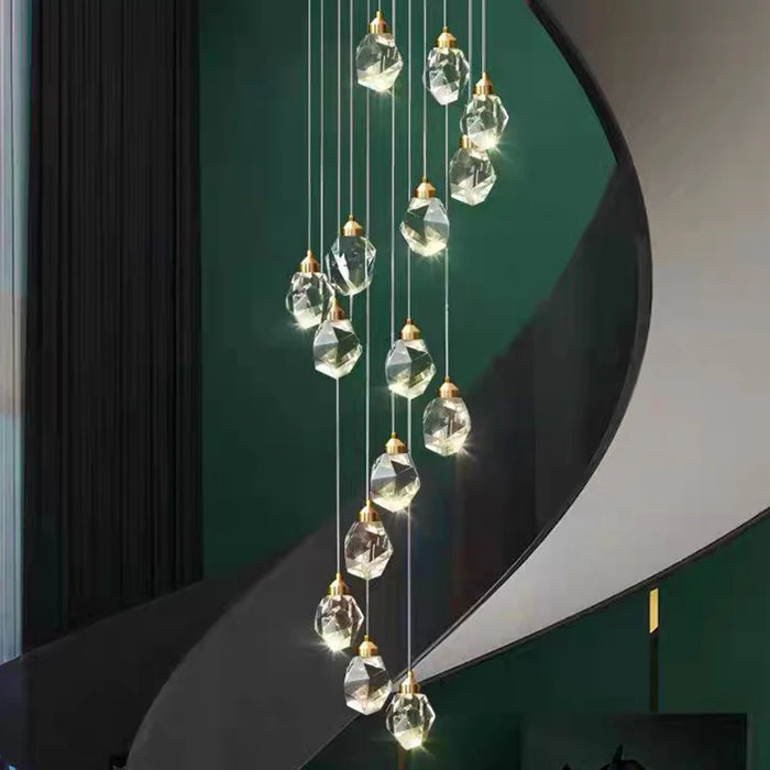 Luxury crystal dropping stones chandelier with cascading design in elegant setting