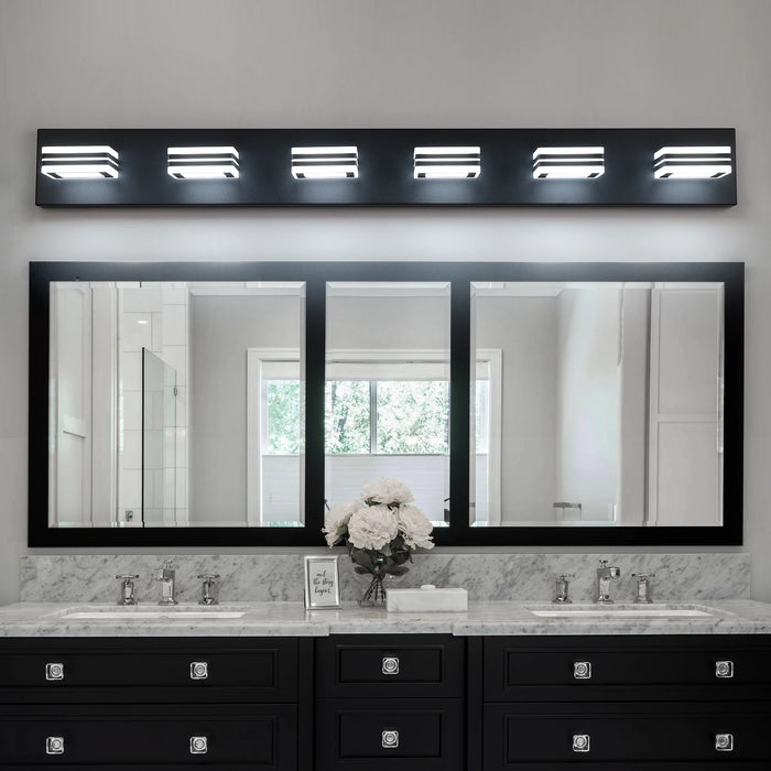 Modern 6-light bathroom vanity with sleek black frame and bright LED illumination above a dual-sink mirror setup.