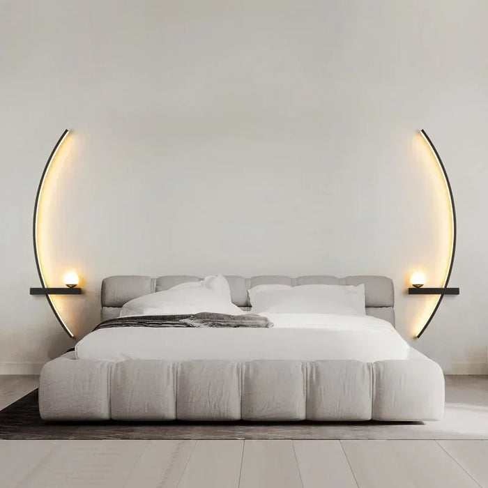 Elegant line wall light illuminating a modern bedroom with curved LED design, certified safe with adjustable brightness.