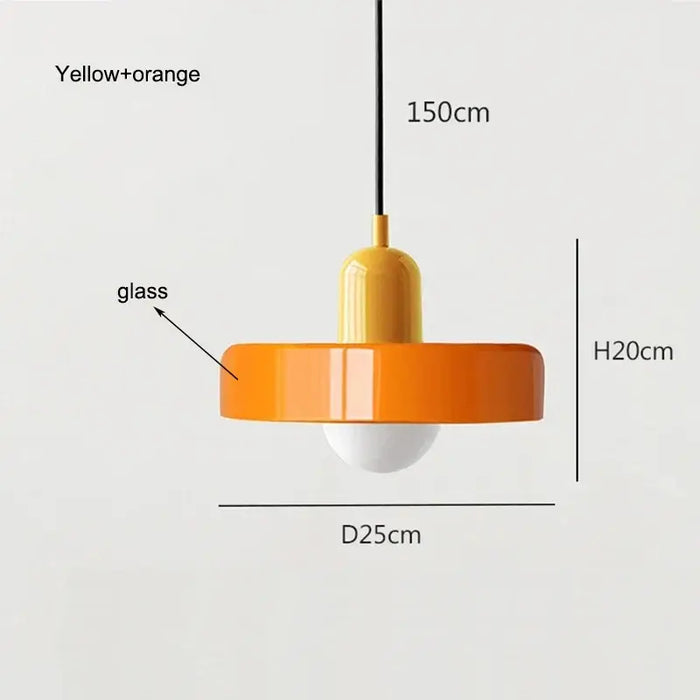 Retro glass pendant light in yellow and orange, dimensions 150cm x 25cm x 20cm, featuring chic vintage style.