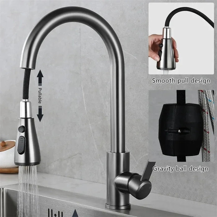 Stainless steel pull-out kitchen faucet with brushed finish, lever control, and pull-down spray featuring smooth pull and gravity ball design.