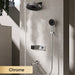 Sleek brass shower system with hidden LED display and dual control, chrome finish on wall, modern bathroom design.