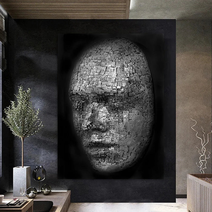 Ultra-modern abstract grey statue wall art in a contemporary interior setting.