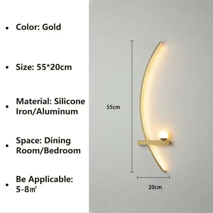 Gold elegant line wall light, 55x20cm, made of silicone and iron/aluminum, ideal for dining rooms and bedrooms, covers 5-8m².