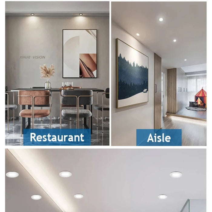 Ultra-thin DC LED downlights installed in a restaurant and aisle, showcasing modern and efficient recessed lighting solutions.