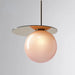 Modern pink glass pendant lamp with sleek design on a minimalistic background.