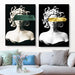 Emerald Medusa canvas art prints with gold accents on wall above a modern sofa, inspired by Greek mythology.