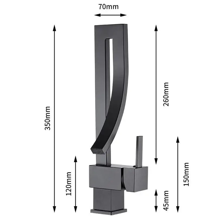 Luxury Brass Square Basin Mixer Faucet with measurements shown for modern bathroom elegance.