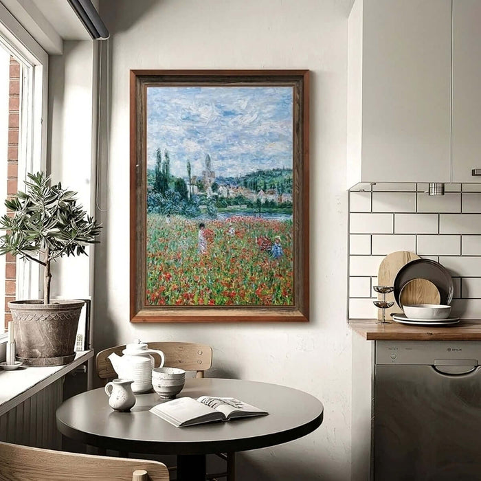 Abstract floral canvas art in kitchen setting, featuring vibrant field of flowers with textured details, adding elegance to home decor.