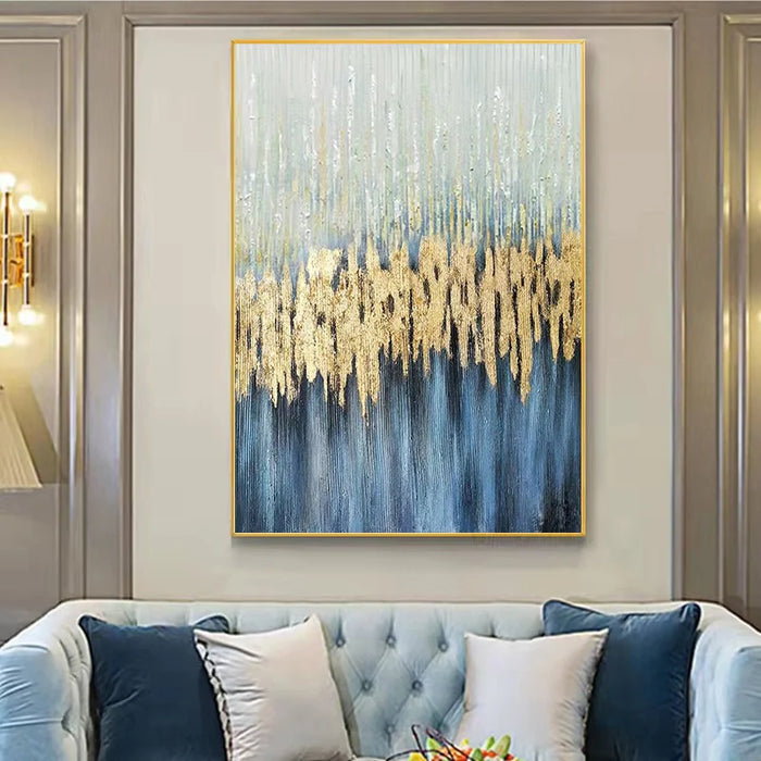 Abstract blue ocean oil painting on canvas in a modern living room, featuring vibrant colors and a vertical rectangular design.