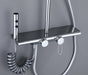 Luxury shower system control panel with sleek design and coiled hose for intuitive operation.