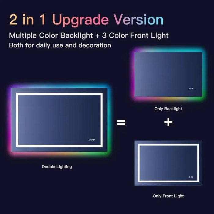 "2-in-1 RGB LED Vanity Mirror with multiple color backlight and front light options for versatile lighting and decoration."