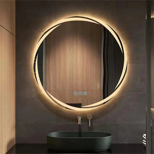 Round LED bathroom vanity mirror with adjustable lighting and anti-fog function in a modern bathroom setting.