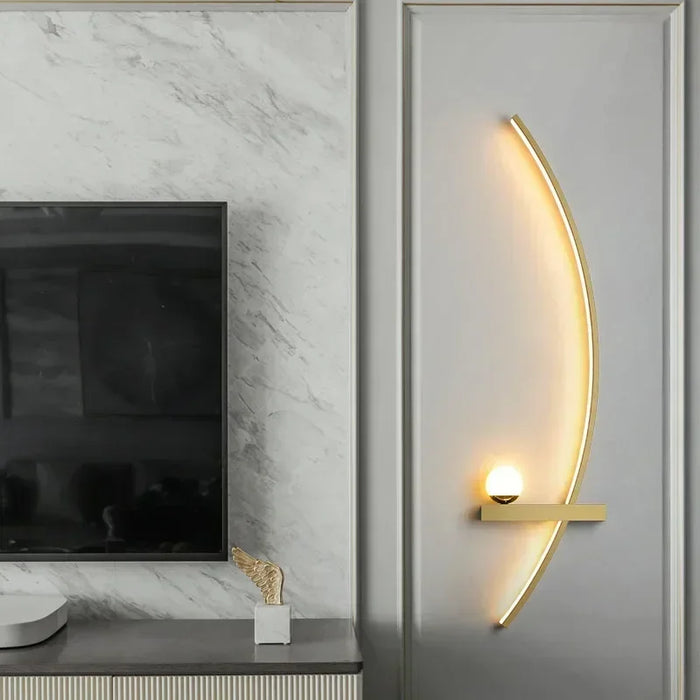 Elegant line wall light with LED bulbs on a modern grey panel, enhancing interior decor and offering adjustable lumens.