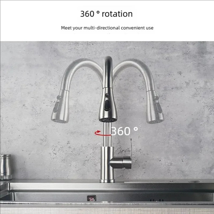 Stainless steel pull-out kitchen faucet with 360-degree rotation, brushed finish, and lever control for convenience.