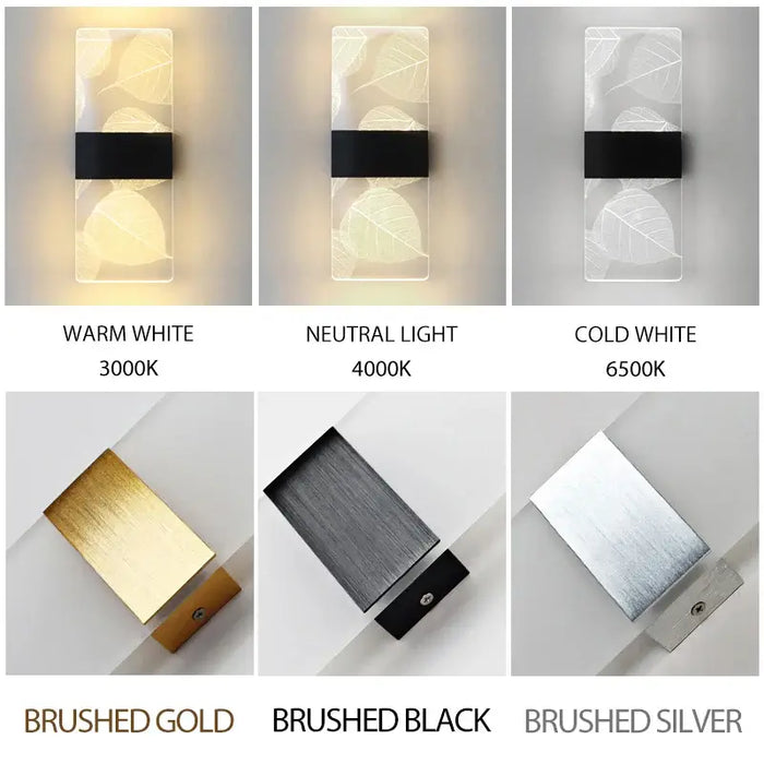 Modern LED Fantasy Wall Lamp available in warm, neutral, and cold white light with brushed gold, black, and silver finishes.