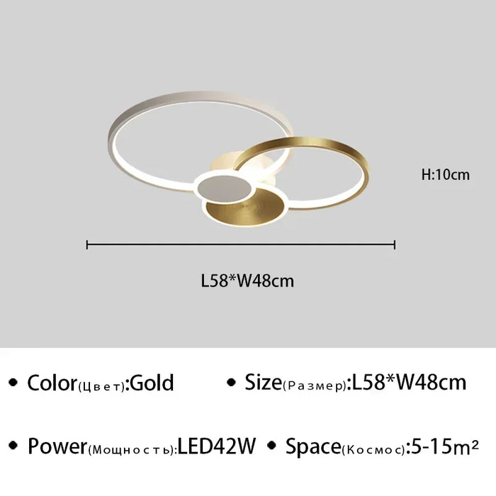 Minimalist overlapping circular ceiling light in gold with LED 42W power for spaces 5-15m², dimensions 58x48cm.