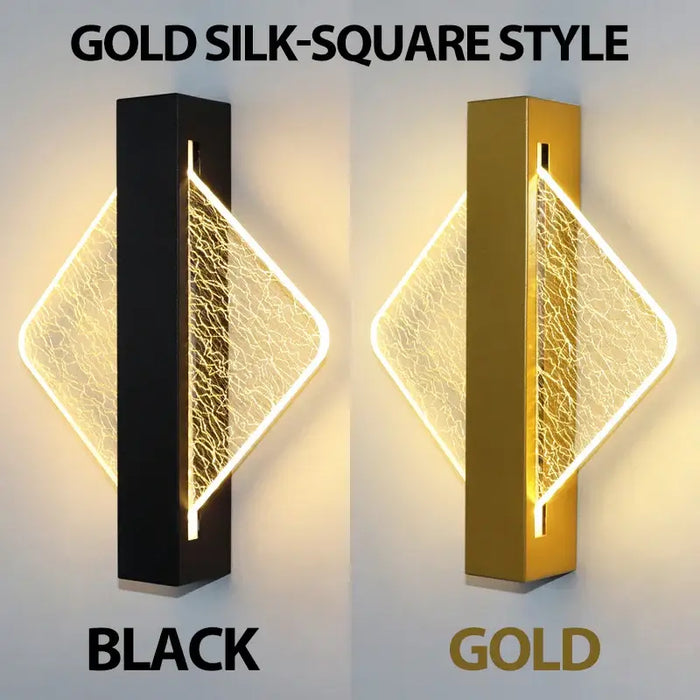 Modern LED wall lamps in gold and black with gold foil accents and acrylic shades, featuring a luxurious square design.