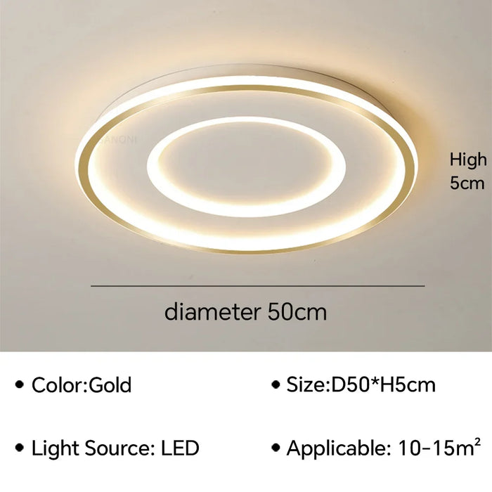 Gold geometric modern LED ceiling lamp, diameter 50cm, height 5cm, suitable for 10-15m² areas, energy-efficient lighting fixture.