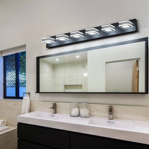 Modern 6-light bathroom vanity LED fixture with sleek black frame above double sink in contemporary bathroom setting.