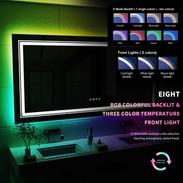 RGB bathroom mirror with dimmable LED, anti-fog, adjustable brightness, and color temperature, showcasing vibrant color options.