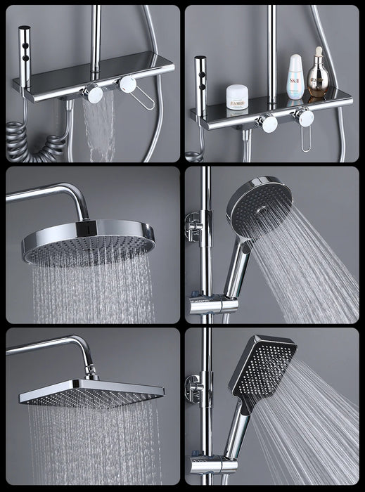 Luxury shower system with rainfall shower, hand-held shower, bidet spout, tub faucet, and intuitive control switches.