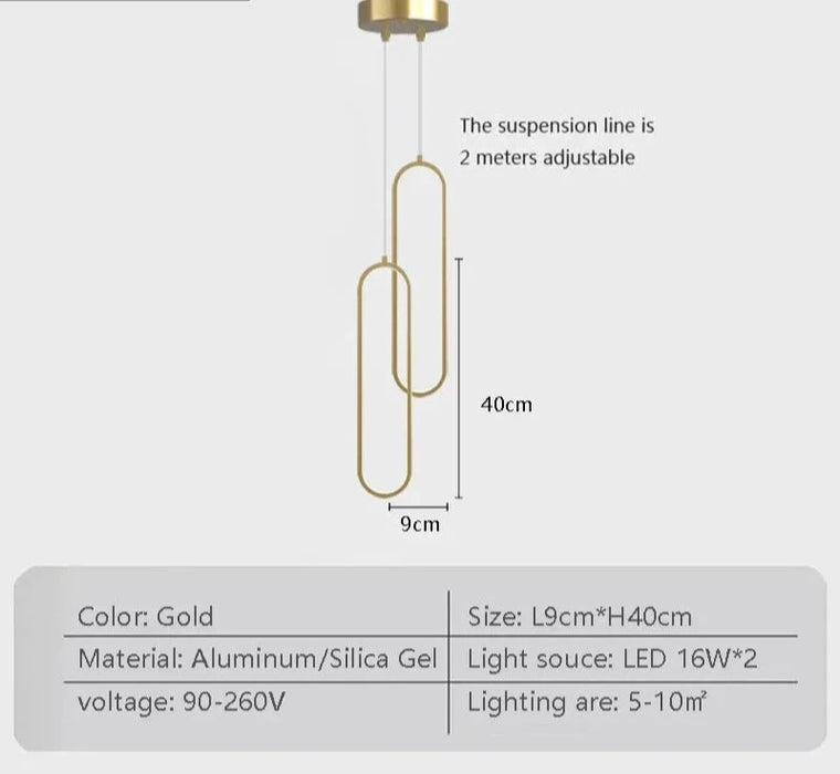 Gold LED pendant light with adjustable suspension, aluminum and silica gel material, dimensions 9x40cm, 16W LED, 90-260V voltage.