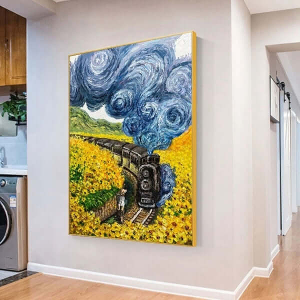 Sunflower Express Knife Oil Painting featuring a steam train in a vibrant sunflower field with bold, textured strokes and rich colors.