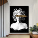 Emerald Medusa canvas art print with unique Greek mythology design, vertical rectangle, displayed in modern interior.