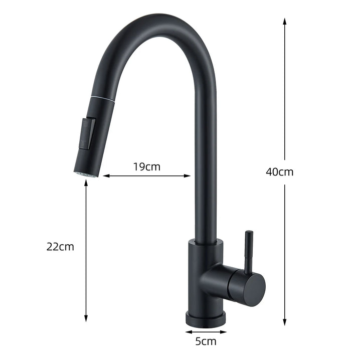 Black touch sensor kitchen faucet with dimensions, featuring smart touch control for modern convenience and efficiency.