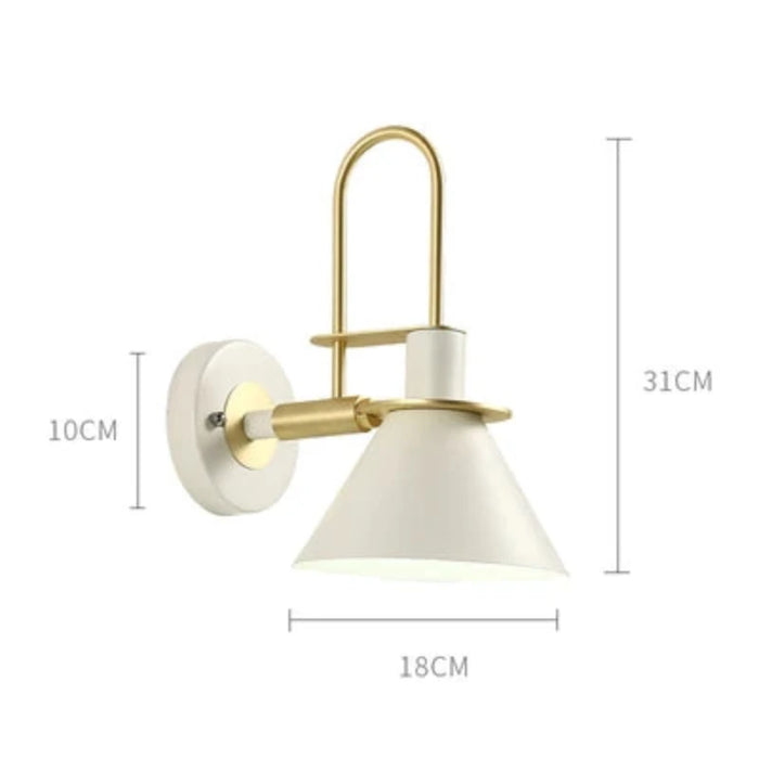 Modern industrial wall lamp with white cone shade, gold details, and measurement dimensions. Nordic bedside light fixture.