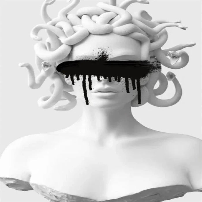 Abstract Medusa sculpture with black paint over eyes, showcasing Greek mythology-inspired art in a modern minimalist style.